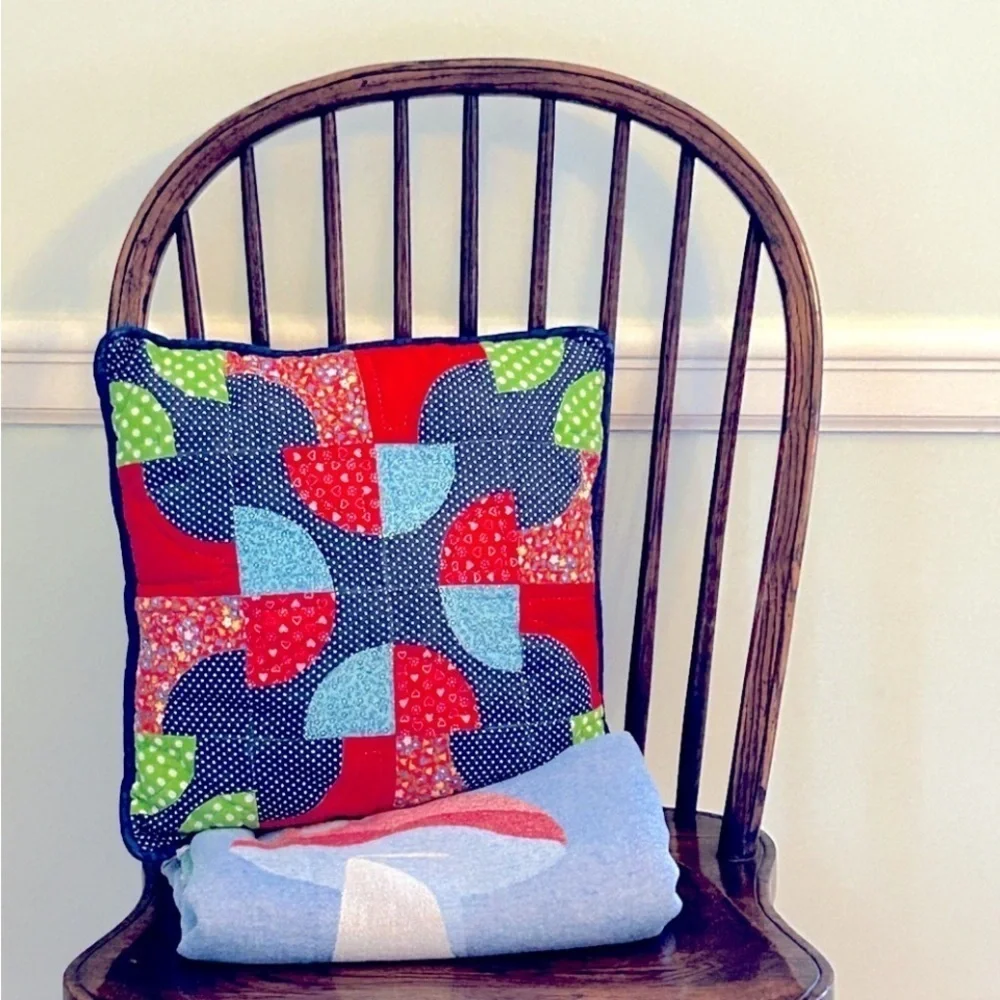 Antique Quilt Pillow 18x18 Mushroom + Polka Dots 2 Sides Blue Red Green Handmade